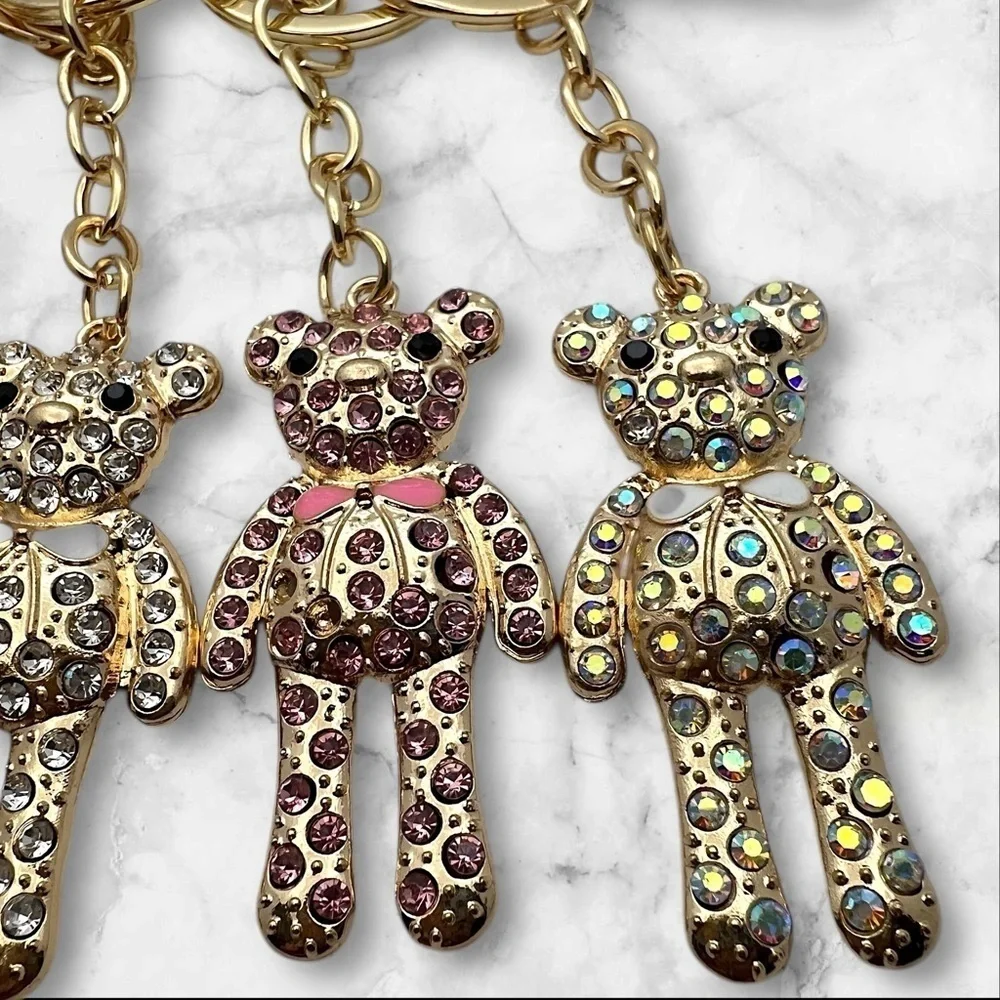 Gold Toned Coquette 2” Teddy Bear Keychain with Pink Rhinestones and Bow